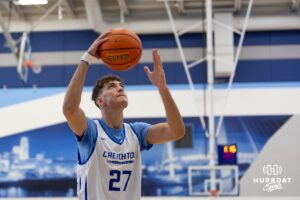 Creighton Bluejay Aleksa Dimitrijevic (27) makes a layup during media day on Thursday, October 9, 2025, in Omaha, Nebraska. Photo by John S. Peterson.
