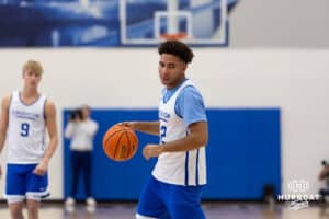Creighton Bluejay Shane Thomas (12) dribbles the ball during media day on Thursday, October 9, 2025, in Omaha, Nebraska. Photo by John S. Peterson.