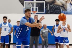 Creighton Bluejay Owen Freeman (32) makes a pass during media day on Thursday, October 9, 2025, in Omaha, Nebraska. Photo by John S. Peterson.
