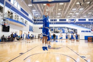 Creighton Bluejay Owen Freeman (32) dunks the ball during media day on Thursday, October 9, 2025, in Omaha, Nebraska. Photo by John S. Peterson.