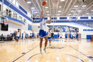 Creighton Bluejay Aleksa Dimitrijevic (27) makes a layup during media day on Thursday, October 9, 2025, in Omaha, Nebraska. Photo by John S. Peterson.