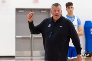Creighton Bluejay head coach Gregg McDermott leading practice during media day on Thursday, October 9, 2025, in Omaha, Nebraska. Photo by John S. Peterson.