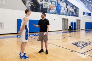 Creighton Bluejay Josh Dix (4) answers questions from Hurrdat Sports' Jacob Padilla during media day on Thursday, October 9, 2025, in Omaha, Nebraska. Photo by John S. Peterson.