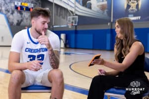 Creighton Bluejay Owen Freeman (32) sits down for an interview with Hurrdat Sports' Ana Bellinghausen during media day on Thursday, October 9, 2025, in Omaha, Nebraska. Photo by John S. Peterson.