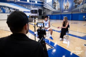Hurrdat Sport's Ana Bellinghausen interviews Creighton Bluejay Nik Graves (5) during media day on Thursday, October 9, 2025, in Omaha, Nebraska. Photo by John S. Peterson.