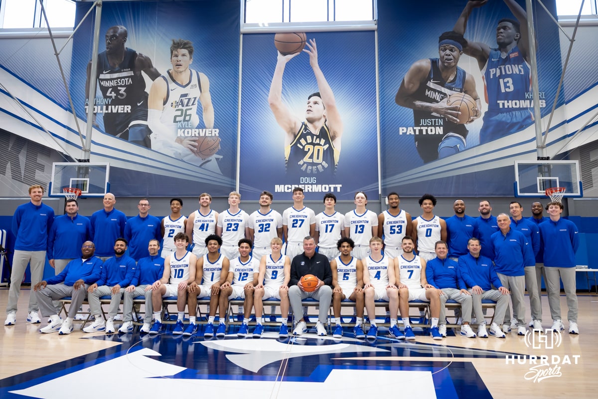 Creighton Bluejays pose for a team photo during media day on Thursday, October 9, 2025, in Omaha, Nebraska. Photo by John S. Peterson.