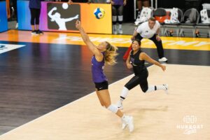 Team Hoffman Brooke Nuneviller (#50) dives for the ball during the Athletes Unlimited Volleyball match against Team Thompson on Thursday, October 9, 2025, in Omaha, Nebraska. Photo by Brandon Tiedemann.