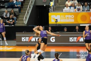 Team Hoffman Brooke Nuneviller (#50) jumps for the ball during the Athletes Unlimited Volleyball match against Team Thompson on Thursday, October 9, 2025, in Omaha, Nebraska. Photo by Brandon Tiedemann.
