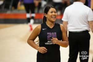 Team Hoffman Justine Wong-Orantes (#24) smiles running off the court during the Athletes Unlimited Volleyball match against Team Thompson on Thursday, October 9, 2025, in Omaha, Nebraska. Photo by Brandon Tiedemann.