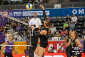 Team Thompson Elise Goetzinger (#13) hits the ball during the Athletes Unlimited Volleyball match against Team Hoffman on Thursday, October 9, 2025, in Omaha, Nebraska. Photo by Brandon Tiedemann.