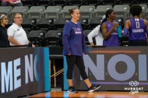 Team Hoffman head coach Kayla Banwarth smiles during the Athletes Unlimited Volleyball match against Team Thompson on Thursday, October 9, 2025, in Omaha, Nebraska. Photo by Brandon Tiedemann.