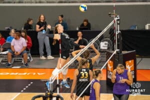 Team Thompson Elise Goetzinger (#13) warms up before the Athletes Unlimited Volleyball match against Team Hoffman on Thursday, October 9, 2025, in Omaha, Nebraska. Photo by Brandon Tiedemann.