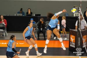 Team Hentz Kayla Caffey (#28) spikes the ball during the Athletes Unlimited Volleyball match against Team Valentin-Anderson on Thursday, October 9, 2025, in Omaha, Nebraska. Photo by Brandon Tiedemann.