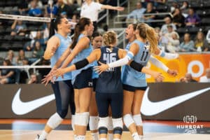 Team Hentz celebrates an ace during the Athletes Unlimited Volleyball match against Team Valentin-Anderson on Thursday, October 9, 2025, in Omaha, Nebraska. Photo by Brandon Tiedemann.