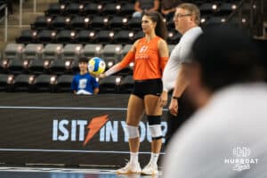 Team Valentin-Anderson Jaali Winters (#61) waits to serve during the Athletes Unlimited Volleyball match against Team Hentz on Thursday, October 9, 2025, in Omaha, Nebraska. Photo by Brandon Tiedemann.