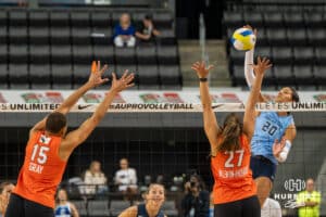 Team Hentz Reagan Cooper (#20) looks to get the ball past defenders during the Athletes Unlimited Volleyball match against Team Valentin-Anderson on Thursday, October 9, 2025, in Omaha, Nebraska. Photo by Brandon Tiedemann.