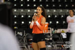 Team Valentin-Anderson Jaali Winters (#61) talks to the crowd before the Athletes Unlimited Volleyball match against Team Hentz on Thursday, October 9, 2025, in Omaha, Nebraska. Photo by Brandon Tiedemann.