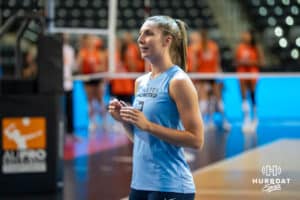 Team Hentz Sydney Hilley (#2) gets introduced before the Athletes Unlimited Volleyball match against Team Valentin-Anderson on Thursday, October 9, 2025, in Omaha, Nebraska. Photo by Brandon Tiedemann.