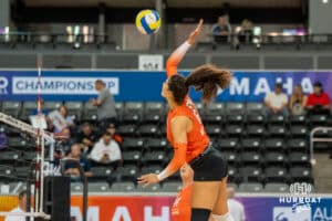 Team Valentin-Anderson Jaali Winters (#61) spikes the ball before the Athletes Unlimited Volleyball match against Team Hentz on Thursday, October 9, 2025, in Omaha, Nebraska. Photo by Brandon Tiedemann.