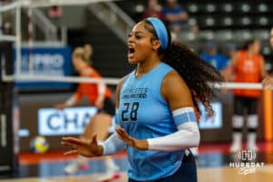 Team Hentz Kayla Caffey (#28) cheers before the Athletes Unlimited Volleyball match against Team Valentin-Anderson on Thursday, October 9, 2025, in Omaha, Nebraska. Photo by Brandon Tiedemann.