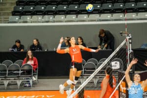 Team Valentin-Anderson Jaali Winters (#61) spikes the ball before the Athletes Unlimited Volleyball match against Team Hentz on Thursday, October 9, 2025, in Omaha, Nebraska. Photo by Brandon Tiedemann.