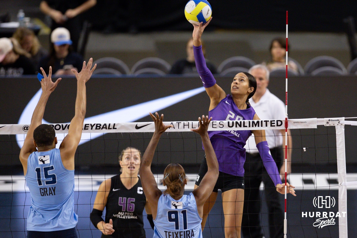 Team Hentz Reagan Cooper (20) tips the ball against Team Kingdon Rishel during the Athletes Unlimited Volleyball on Monday, October 6, 2025, in Omaha, Nebraska. Photo by John S. Peterson.