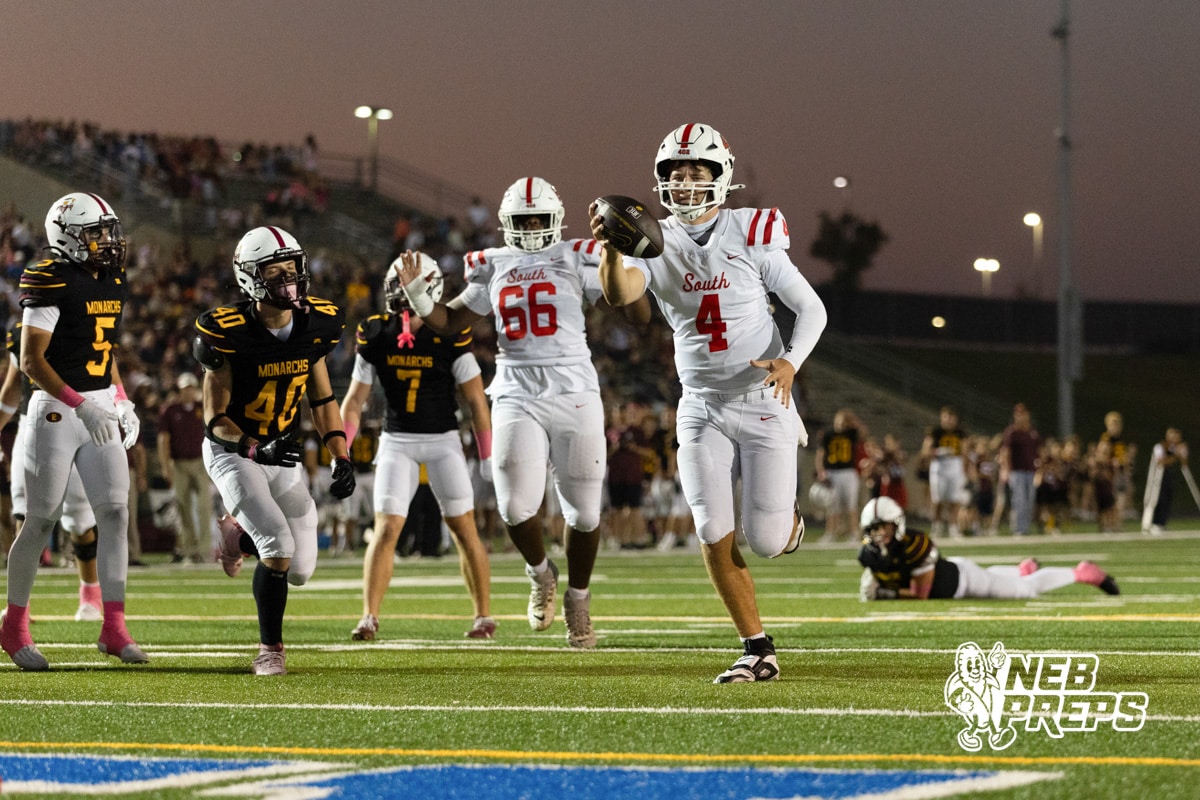 Millard South quarterback Jett Thomalla (4) runs the ball in for a touchdown against Papillion-LaVista during a high school football game on Friday, October 3, 2025, in Millard, Nebraska. Photo by Braden Cochran.