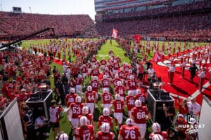 Nebraska Cornhusker quarterback Dylan Raiola (15) leads the Huskers out to take on the Michigan State Spartans during a college football game on Saturday, October 4, 2025, in Lincoln, Nebraska. Photo by John S. Peterson.