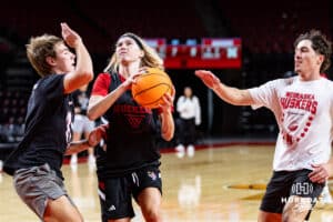 Nebraska Cornhusker Britt Prince (23) drives to the basket during practice on Thursday, October 2, 2025, in Lincoln, Nebraska. Photo by John S. Peterson.
