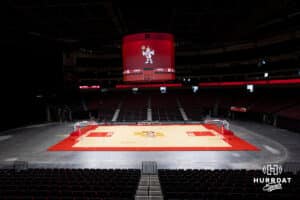 The new Nebraska basketball court and scoreboard are being used during practice on Thursday, October 2, 2025, in Lincoln, Nebraska. Photo by John S. Peterson.