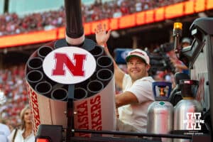 Adam Devine waves to the fans during a college football game between Nebraska and Michigan State on Saturday, October 4, 2025, in Lincoln, Nebraska. Photo by John S. Peterson.