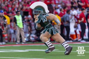Michigan State Spartan's mascot performing at break in the action against the Nebraska Cornhuskers during a college football game on Saturday, October 4, 2025, in Lincoln, Nebraska. Photo by John S. Peterson.