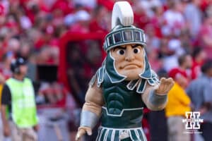 Michigan State Spartan's mascot performing at break in the action against the Nebraska Cornhuskers during a college football game on Saturday, October 4, 2025, in Lincoln, Nebraska. Photo by John S. Peterson.