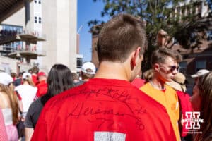 Nebraska Cornhusker fan wearing a jersey signed by Johnny Rodges to the college football game between Nebraska and Michigan State on Saturday, October 4, 2025, in Lincoln, Nebraska. Photo by John S. Peterson.