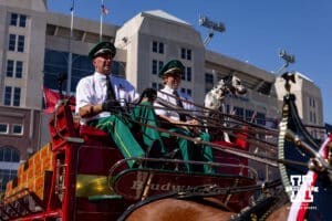 Budweiser employees driving the horses through East Stadium parking lot before Nebraska takes on Michigan State during a college football game on Saturday, October 4, 2025, in Lincoln, Nebraska. Photo by John S. Peterson.