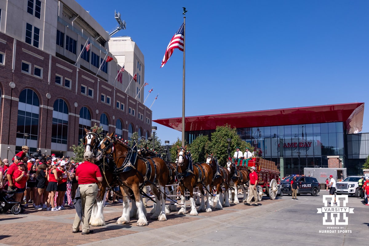 Budweiser employees driving the horses through East Stadium parking lot before Nebraska takes on Michigan State during a college football game on Saturday, October 4, 2025, in Lincoln, Nebraska. Photo by John S. Peterson.