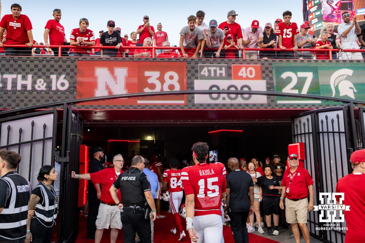 Nebraska Cornhusker quarterback Dylan Raiola (15) heads to the locker room after the win over the Michigan State Spartans during a college football game on Saturday, October 4, 2025, in Lincoln, Nebraska. Photo by John S. Peterson.