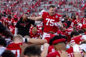 Nebraska Cornhusker offensive lineman Tyler Knaak (75) leads a prayer after the game against the Michigan State Spartans during a college football game on Saturday, October 4, 2025, in Lincoln, Nebraska. Photo by John S. Peterson.