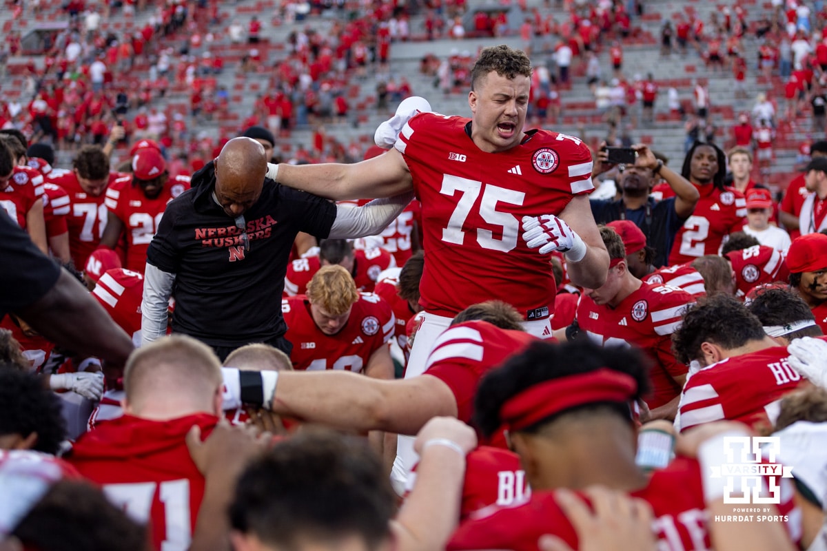 Nebraska Cornhusker offensive lineman Tyler Knaak (75) leads a prayer after the game against the Michigan State Spartans during a college football game on Saturday, October 4, 2025, in Lincoln, Nebraska. Photo by John S. Peterson.