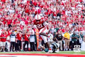 Nebraska Cornhusker running back Emmett Johnson (21) scores a touchdown in the fourth quarter against the Michigan State Spartans during a college football game on Saturday, October 4, 2025, in Lincoln, Nebraska. Photo by John S. Peterson.