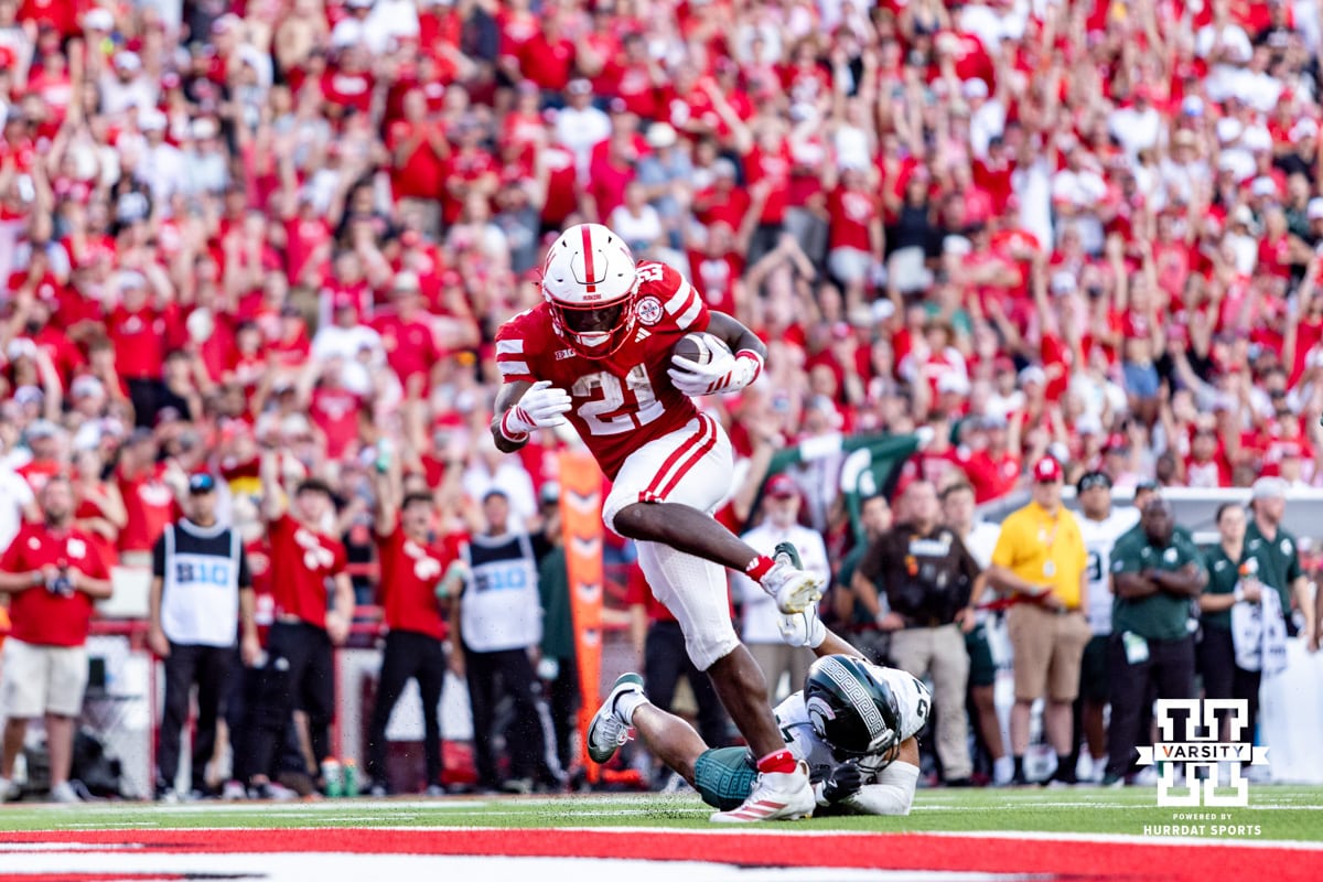 Nebraska Cornhusker running back Emmett Johnson (21) scores a touchdown in the fourth quarter against the Michigan State Spartans during a college football game on Saturday, October 4, 2025, in Lincoln, Nebraska. Photo by John S. Peterson.