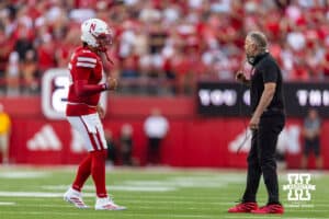 Nebraska Cornhusker head coach Matt Rhule talks to quarterback Dylan Raiola (15) in the fourth quarter against the Michigan State Spartans during a college football game on Saturday, October 4, 2025, in Lincoln, Nebraska. Photo by John S. Peterson.