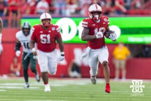 Nebraska Cornhusker wide receiver Nyziah Hunter (13) runs in for a touchdown against the Michigan State Spartans in the third quarter during a college football game on Saturday, October 4, 2025, in Lincoln, Nebraska. Photo by John S. Peterson.