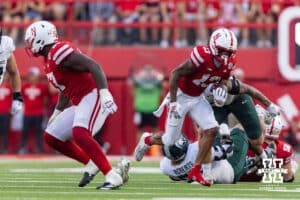Nebraska Cornhusker wide receiver Nyziah Hunter's (13) shoe comes off when running with the ball against the Michigan State Spartans in the third quarter during a college football game on Saturday, October 4, 2025, in Lincoln, Nebraska. Photo by John S. Peterson.