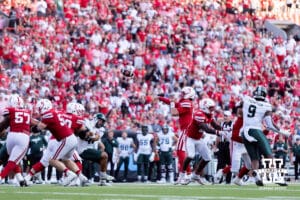 Nebraska Cornhusker quarterback Dylan Raiola (15) throws a pass against the Michigan State Spartans in the third quarter during a college football game on Saturday, October 4, 2025, in Lincoln, Nebraska. Photo by John S. Peterson.