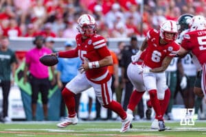 Nebraska Cornhusker quarterback Dylan Raiola (15) rolls out against the Michigan State Spartans in the third quarter during a college football game on Saturday, October 4, 2025, in Lincoln, Nebraska. Photo by John S. Peterson.