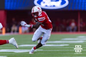 Nebraska Cornhusker running back Emmett Johnson (21) runs with the ball against the Michigan State Spartans in the second quarter during a college football game on Saturday, October 4, 2025, in Lincoln, Nebraska. Photo by John S. Peterson.