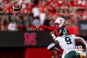 Nebraska Cornhusker quarterback Dylan Raiola (15) makes a pass to running back Emmett Johnson (21) in the second quarter during a college football game on Saturday, October 4, 2025, in Lincoln, Nebraska. Photo by John S. Peterson.