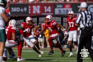 Nebraska Cornhusker defensive back Deshon Singleton (8) runs to the sideline after making an interception against the Michigan State Spartans during a college football game on Saturday, October 4, 2025, in Lincoln, Nebraska. Photo by John S. Peterson.