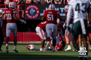 Nebraska Cornhusker quarterback Dylan Raiola (15) helmets comes when being tackled by Michigan State Spartans in the second quarter during a college football game on Saturday, October 4, 2025, in Lincoln, Nebraska. Photo by John S. Peterson.